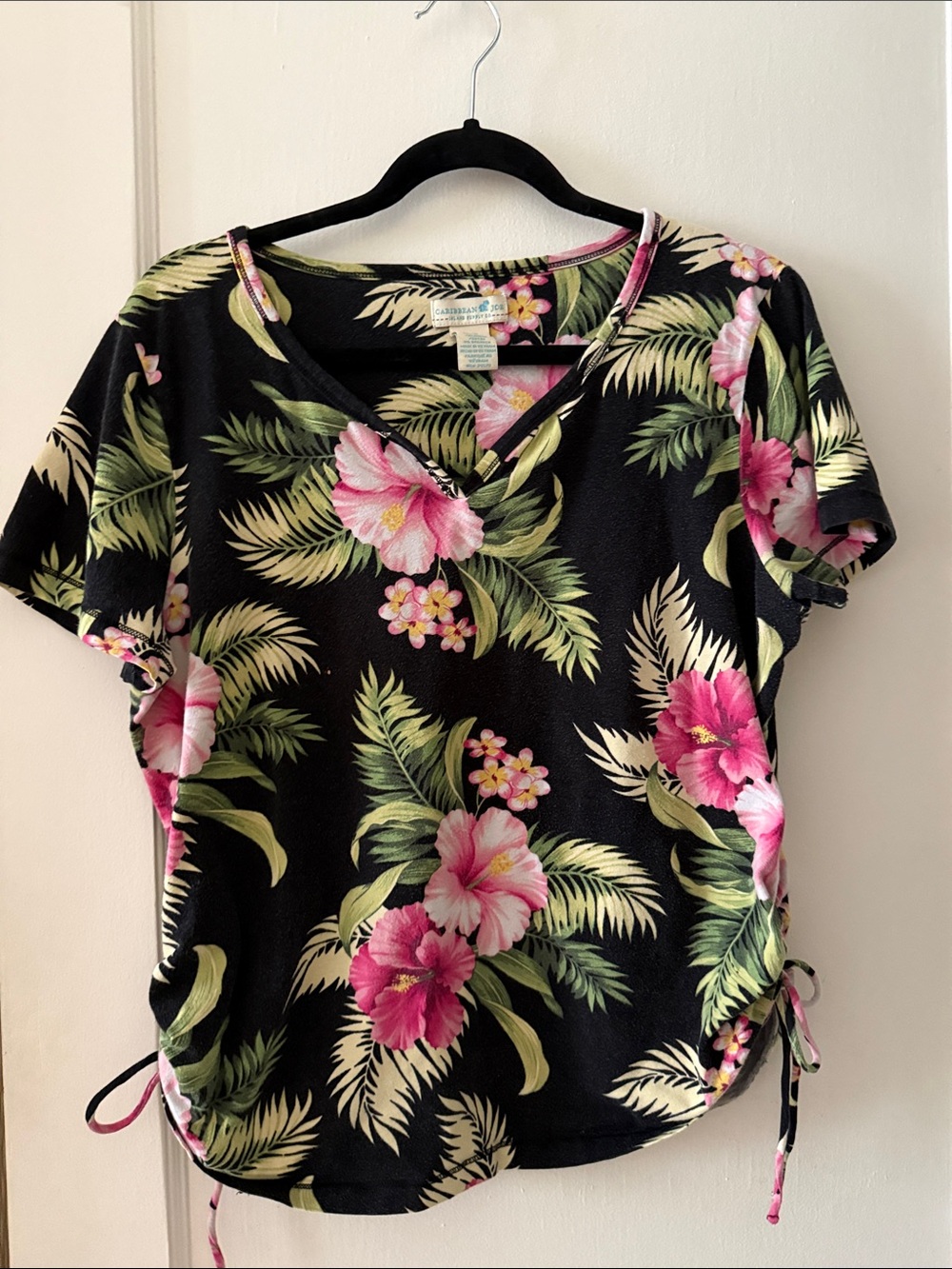Caribbean Joe Black Tropical Hibiscus Drawstring Short Sleeve Blouse